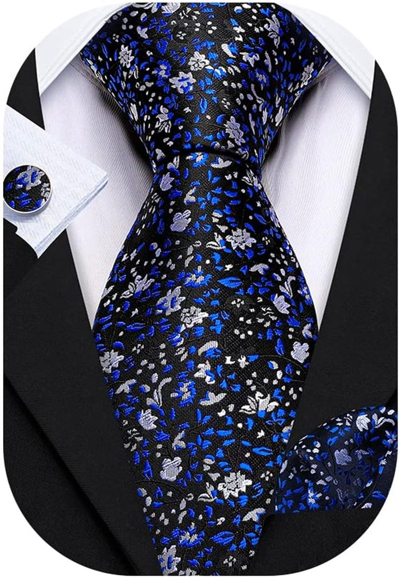 Barry.Wang Store Flower Ties for Men Handkerchief Cufflinks Set Wedding Necktie Set Party - Image 1